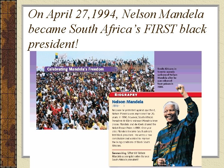 On April 27, 1994, Nelson Mandela became South Africa’s FIRST black president! 