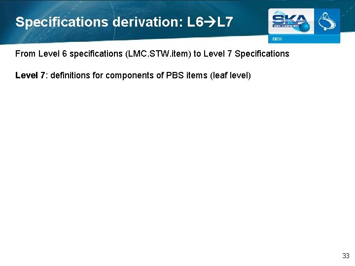 Specifications derivation: L 6 L 7 From Level 6 specifications (LMC. STW. item) to