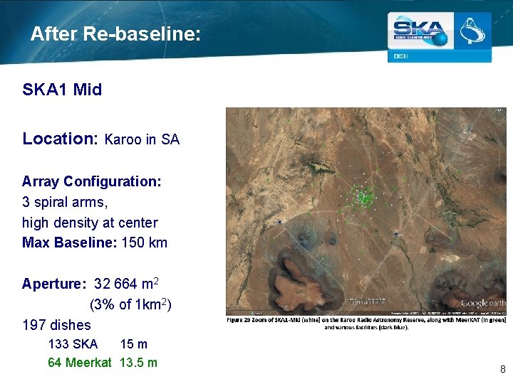 After Re-baseline: SKA 1 Mid Location: Karoo in SA Array Configuration: 3 spiral arms,
