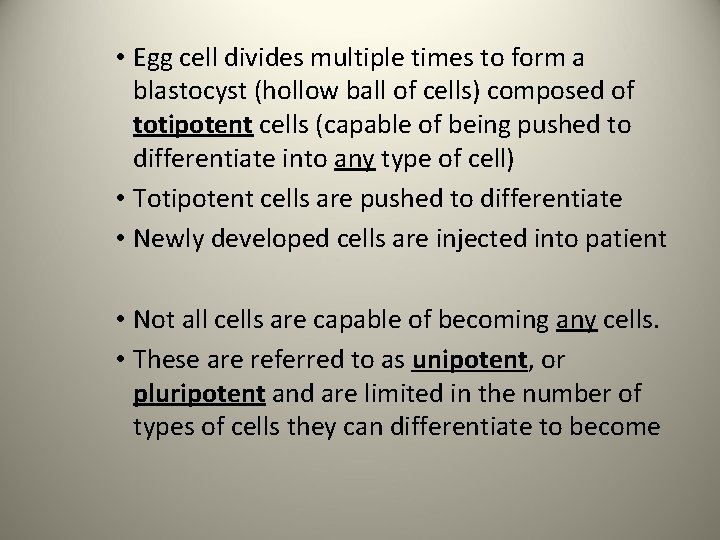  • Egg cell divides multiple times to form a blastocyst (hollow ball of