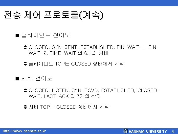 전송 제어 프로토콜(계속) < 클라이언트 천이도 Ü CLOSED, SYN-SENT, ESTABLISHED, FIN-WAIT-1, FINWAIT-2, TIME-WAIT 의