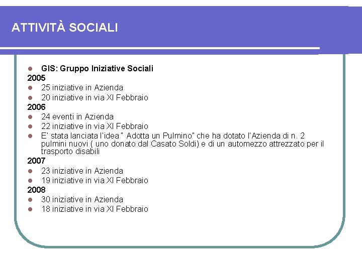 ATTIVITÀ SOCIALI GIS: Gruppo Iniziative Sociali 2005 l 25 iniziative in Azienda l 20