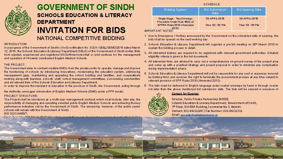 GOVERNMENT OF SINDH SCHOOLS EDUCATION & LITERACY DEPARTMENT INVITATION FOR BIDS NATIONAL COMPETITIVE BIDDING