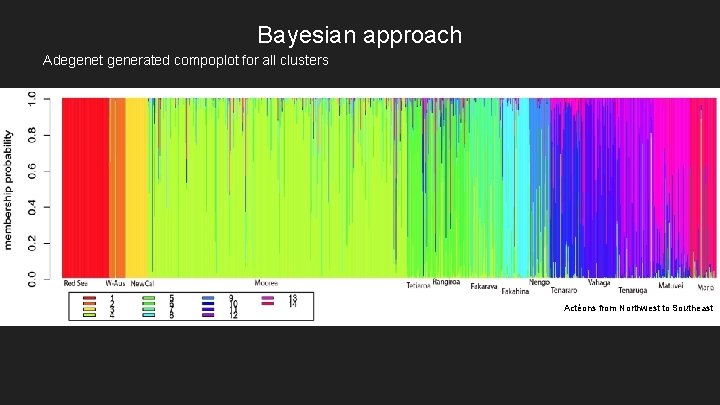Bayesian approach Adegenet generated compoplot for all clusters Actéons from Northwest to Southeast 