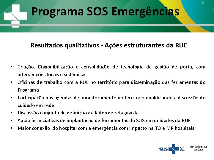 Programa SOS Emergências Resultados qualitativos - Ações estruturantes da RUE • Criação, Disponibilização e Programa SOS Emergências Resultados qualitativos - Ações estruturantes da RUE • Criação, Disponibilização e