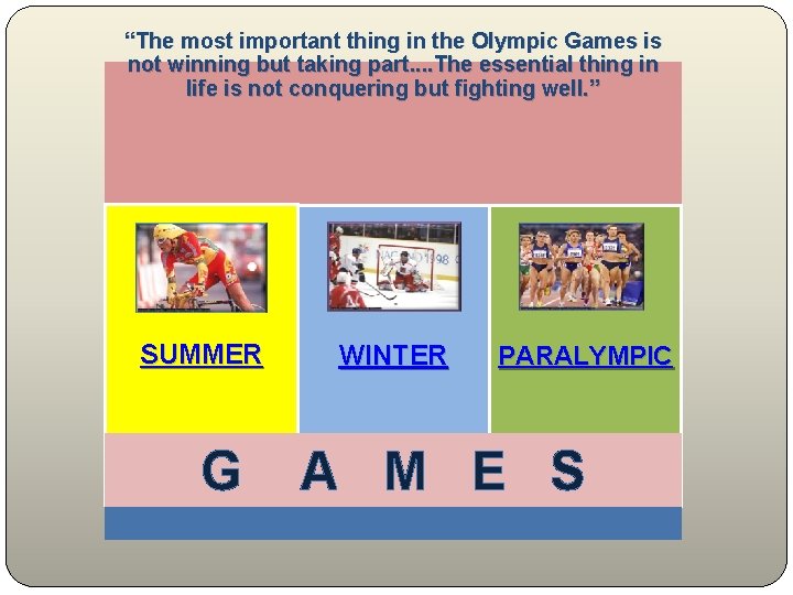 “The most important thing in the Olympic Games is not winning but taking part.