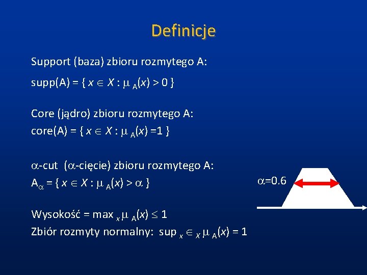 Definicje Support (baza) zbioru rozmytego A: supp(A) = { x X : A(x) >