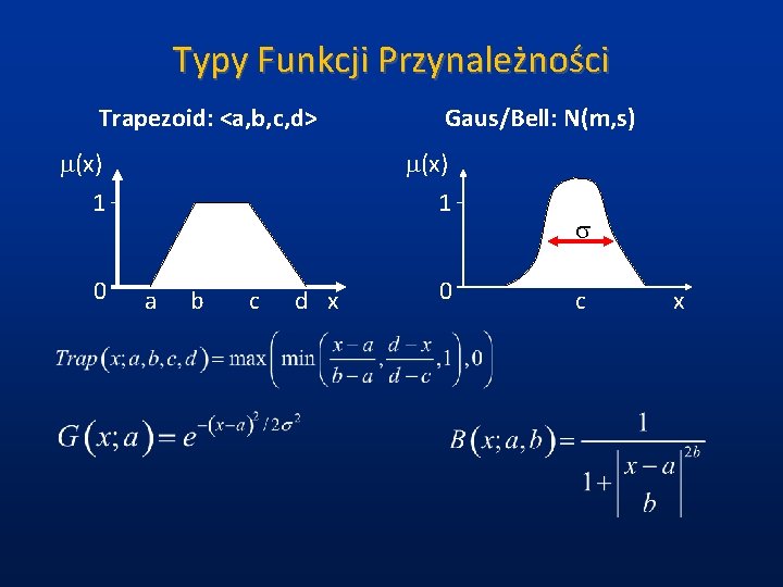 Typy Funkcji Przynależności Trapezoid: <a, b, c, d> (x) 1 0 Gaus/Bell: N(m, s)