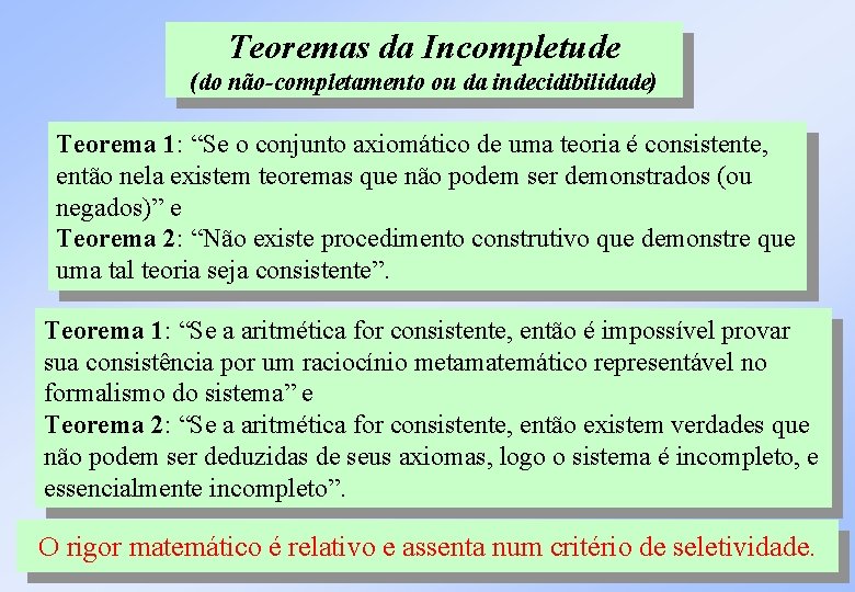 Teoremas da Incompletude (do não-completamento ou da indecidibilidade) Teorema 1: “Se o conjunto axiomático