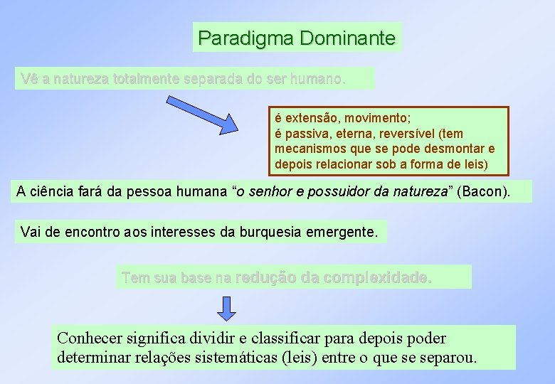 Paradigma Dominante Vê a natureza totalmente separada do ser humano. é extensão, movimento; é