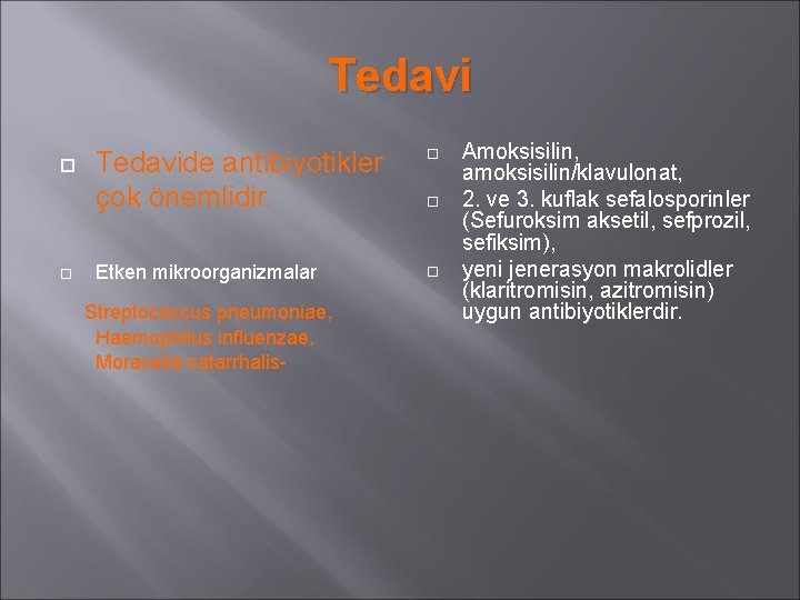 Tedavi Tedavide antibiyotikler çok önemlidir. Etken mikroorganizmalar Streptococcus pneumoniae, Haemophilus influenzae, Moraxella catarrhalis- Amoksisilin,