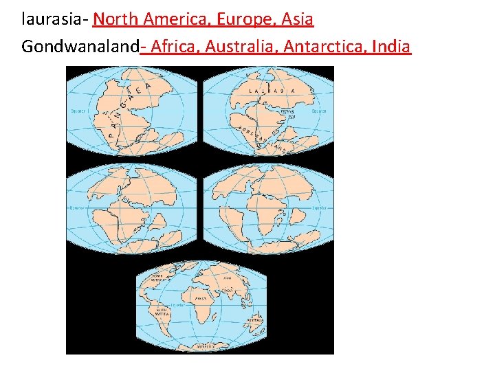 laurasia- North America, Europe, Asia Gondwanaland- Africa, Australia, Antarctica, India . 