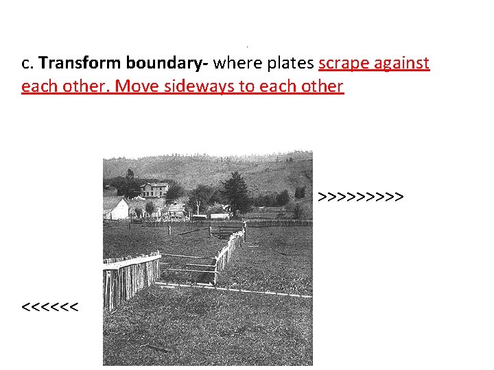 . c. Transform boundary- where plates scrape against each other. Move sideways to each