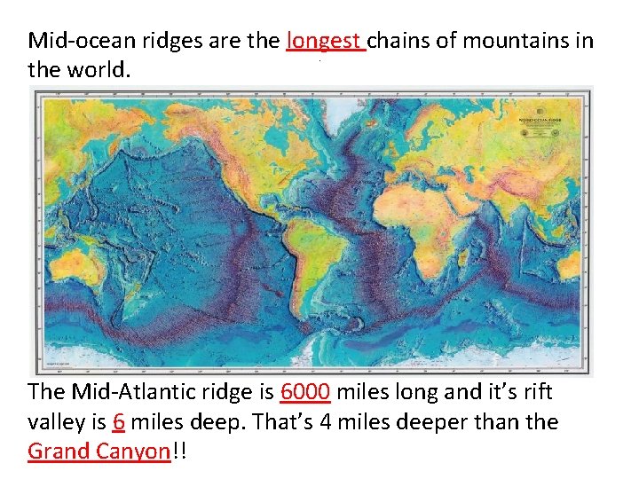 Mid-ocean ridges are the longest chains of mountains in the world. . The Mid-Atlantic