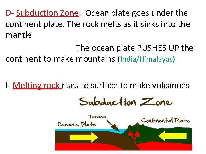 D- Subduction Zone: Ocean plate goes under the continent plate. The rock melts as