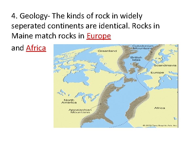 . 4. Geology- The kinds of rock in widely seperated continents are identical. Rocks