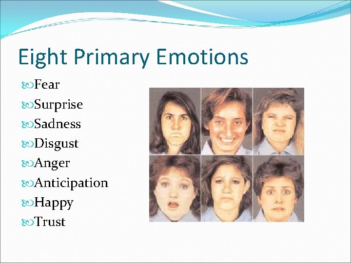 Eight Primary Emotions Fear Surprise Sadness Disgust Anger Anticipation Happy Trust 