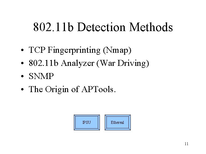 802. 11 b Detection Methods • • TCP Fingerprinting (Nmap) 802. 11 b Analyzer