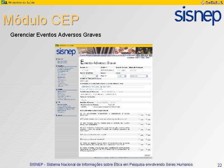 Módulo CEP Gerenciar Eventos Adversos Graves SISNEP - Sistema Nacional de Informações sobre Ética