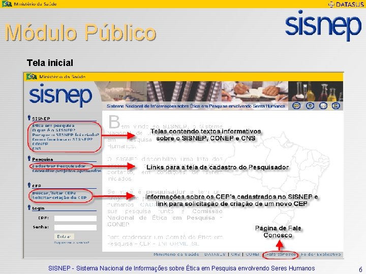 Módulo Público Tela inicial SISNEP - Sistema Nacional de Informações sobre Ética em Pesquisa