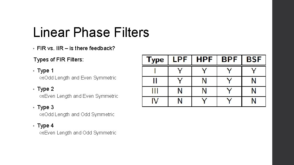 Linear Phase Filters • FIR vs. IIR – is there feedback? Types of FIR