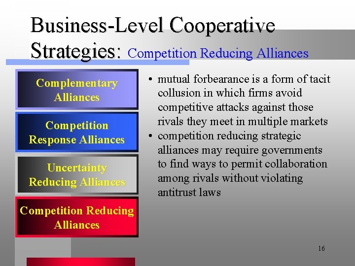 Business-Level Cooperative Strategies: Competition Reducing Alliances Complementary Alliances Competition Response Alliances Uncertainty Reducing Alliances