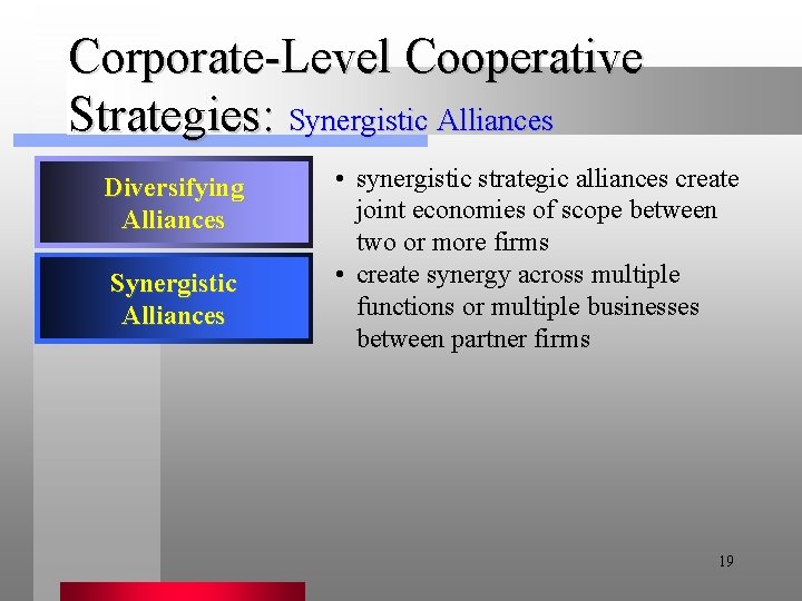 Corporate-Level Cooperative Strategies: Synergistic Alliances Diversifying Alliances Synergistic Alliances • synergistic strategic alliances create