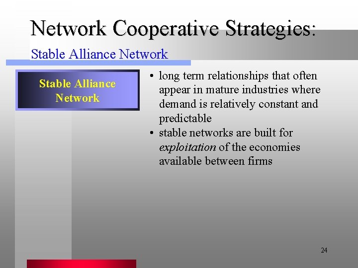 Network Cooperative Strategies: Stable Alliance Network • long term relationships that often appear in