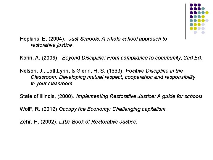 Hopkins, B. (2004). Just Schools: A whole school approach to restorative justice. Kohn, A.