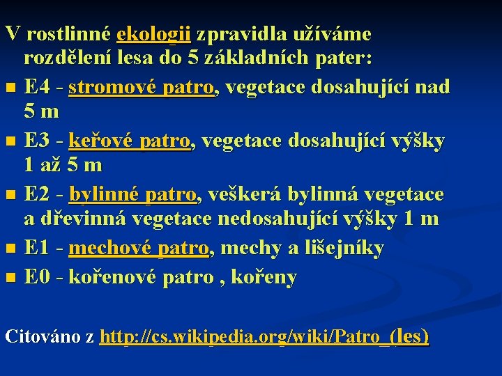V rostlinné ekologii zpravidla užíváme rozdělení lesa do 5 základních pater: n E 4