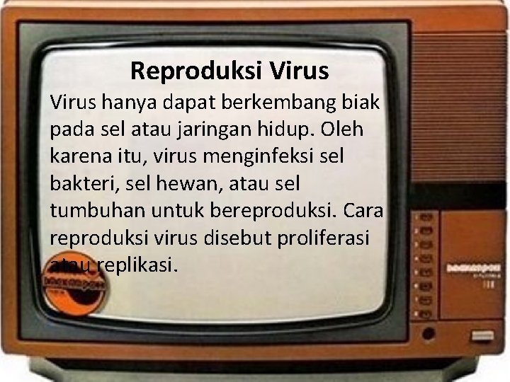 Reproduksi Virus • Virus hanya dapat berkembang biak pada sel atau jaringan hidup. Oleh