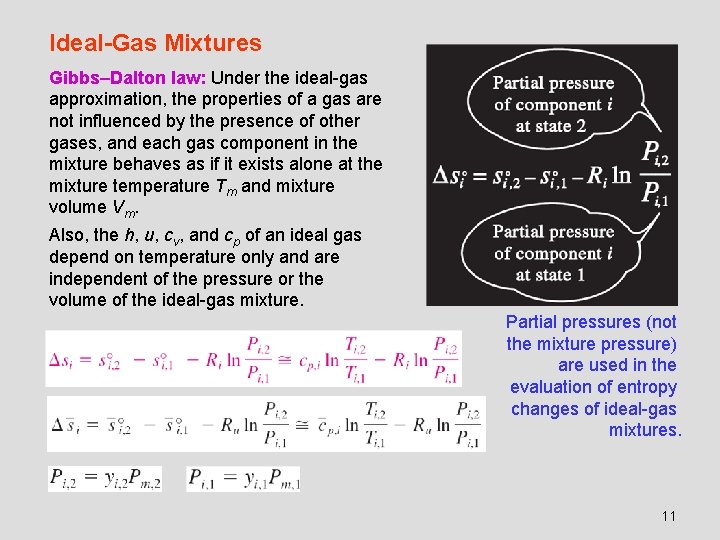 Ideal-Gas Mixtures Gibbs–Dalton law: Under the ideal-gas approximation, the properties of a gas are