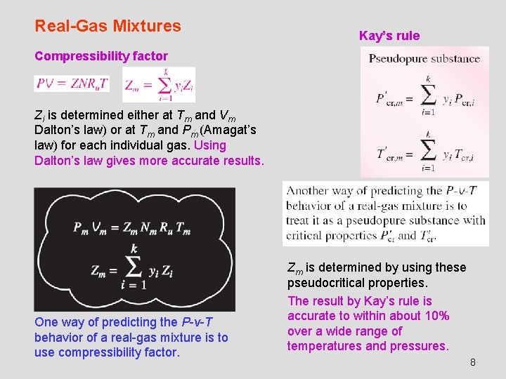 Real-Gas Mixtures Kay’s rule Compressibility factor Zi is determined either at Tm and Vm