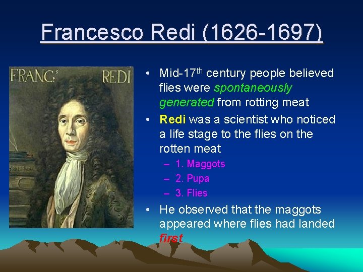 Francesco Redi (1626 -1697) • Mid-17 th century people believed flies were spontaneously generated