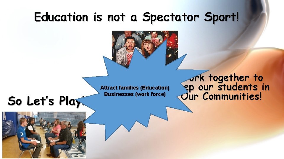 Education is not a Spectator Sport! Attract families (Education) Businesses (work force) Work together