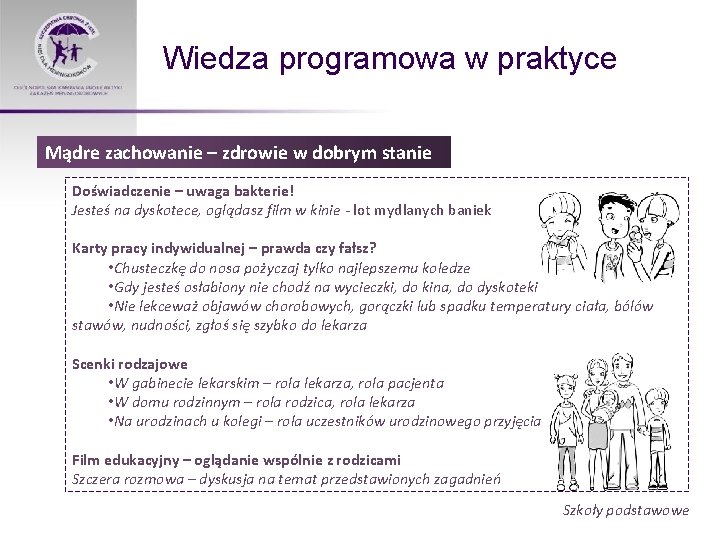 Wiedza programowa w praktyce Mądre zachowanie – zdrowie w dobrym stanie Doświadczenie – uwaga