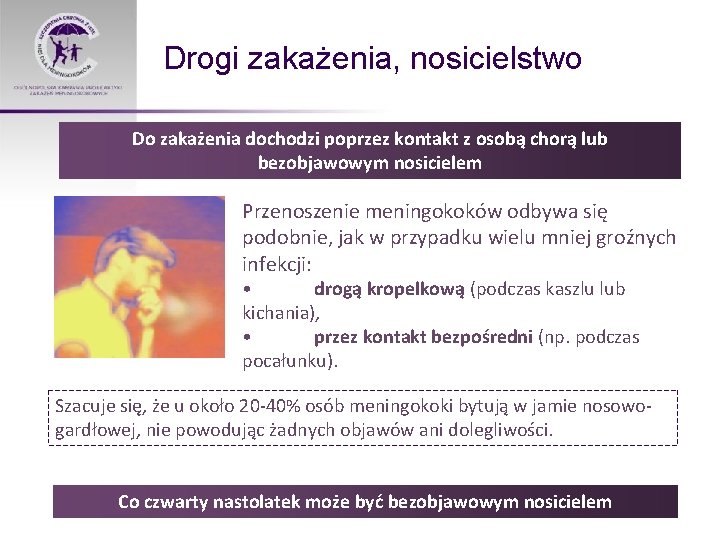Drogi zakażenia, nosicielstwo Do zakażenia dochodzi poprzez kontakt z osobą chorą lub bezobjawowym nosicielem
