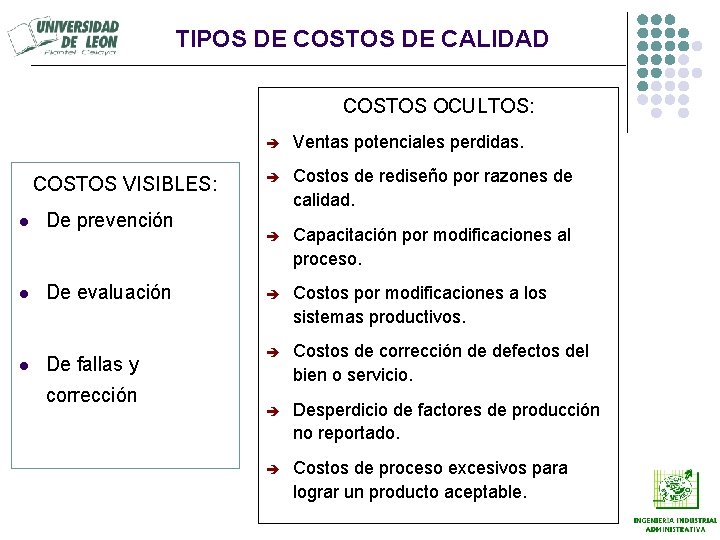 TIPOS DE COSTOS DE CALIDAD COSTOS OCULTOS: COSTOS VISIBLES: l De prevención l De