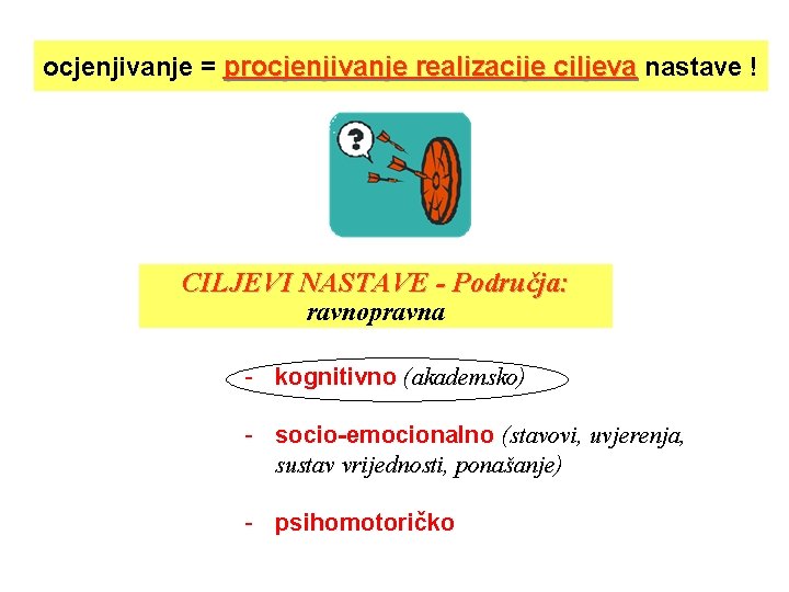 ocjenjivanje = procjenjivanje realizacije ciljeva nastave ! CILJEVI NASTAVE - Područja: ravnopravna - kognitivno