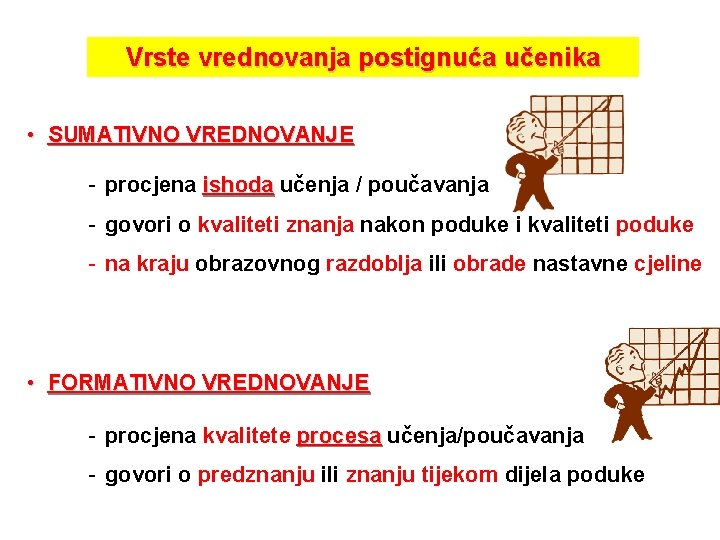Vrste vrednovanja postignuća učenika • SUMATIVNO VREDNOVANJE - procjena ishoda učenja / poučavanja -