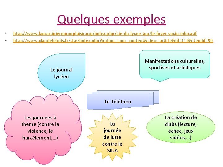 Quelques exemples • • http: //www. lamartinieremonplaisir. org/index. php/vie-du-lycee-top/le-foyer-socio-educatif http: //www. claudelebois. fr/site/index. php?