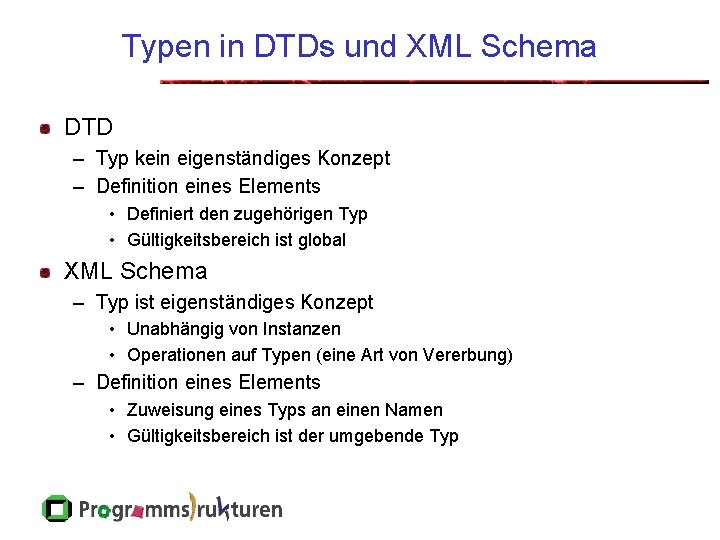 Typen in DTDs und XML Schema DTD – Typ kein eigenständiges Konzept – Definition
