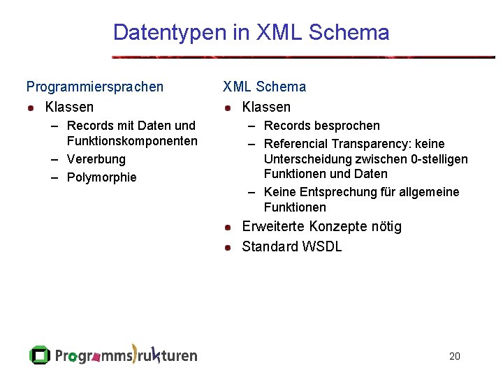Datentypen in XML Schema Programmiersprachen Klassen – Records mit Daten und Funktionskomponenten – Vererbung