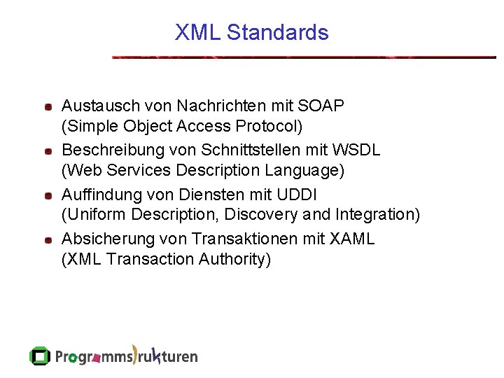 XML Standards Austausch von Nachrichten mit SOAP (Simple Object Access Protocol) Beschreibung von Schnittstellen
