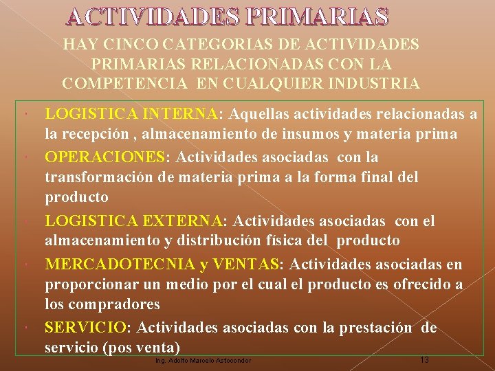 ACTIVIDADES PRIMARIAS HAY CINCO CATEGORIAS DE ACTIVIDADES PRIMARIAS RELACIONADAS CON LA COMPETENCIA EN CUALQUIER