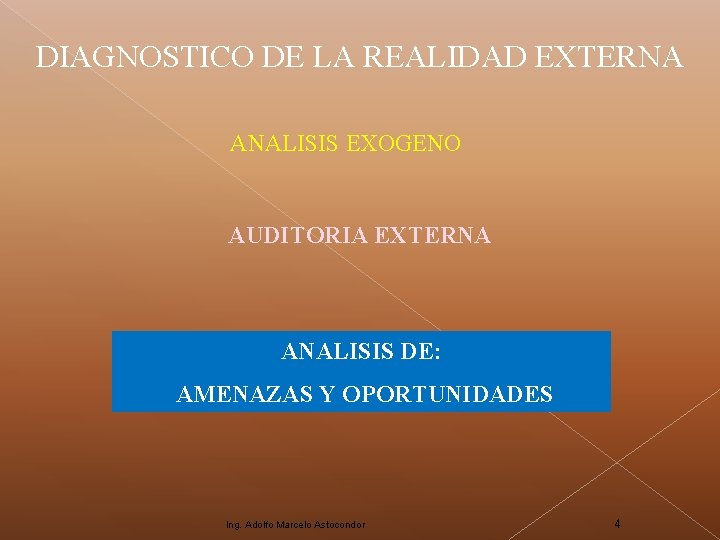 DIAGNOSTICO DE LA REALIDAD EXTERNA ANALISIS EXOGENO AUDITORIA EXTERNA ANALISIS DE: AMENAZAS Y OPORTUNIDADES