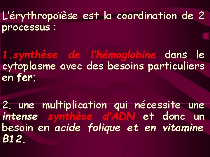 L’érythropoïèse est la coordination de 2 processus : 1. synthèse de l’hémoglobine dans le