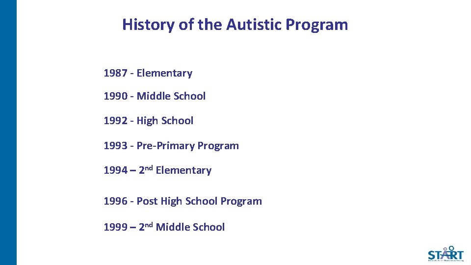 History of the Autistic Program 1987 - Elementary 1990 - Middle School 1992 -