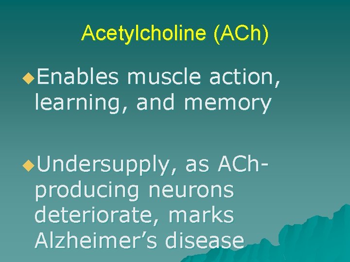 Acetylcholine (ACh) u. Enables muscle action, learning, and memory u. Undersupply, as AChproducing neurons