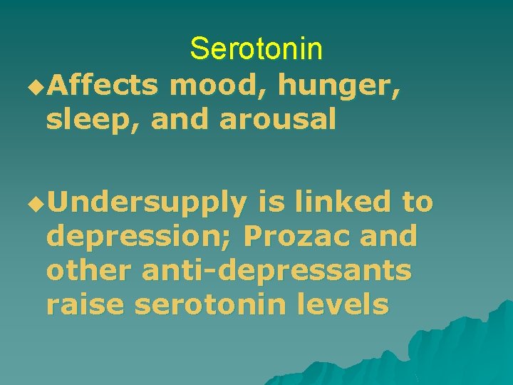 u. Affects Serotonin mood, hunger, sleep, and arousal u. Undersupply is linked to depression;